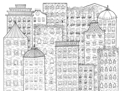 Tiny City architecture black and white building city drawing illustration linework plants rooftop skyline windows