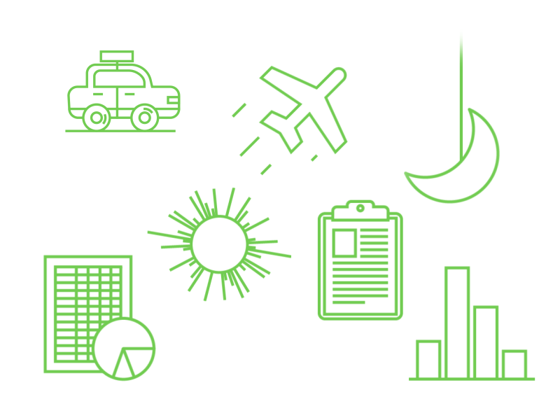 Green Animated Icons after effects airplane chart clipboard document line art moon motion graphics plane spreadsheet sun taxi
