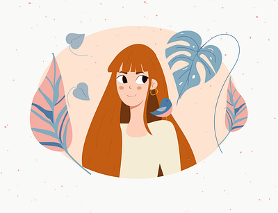 Cute red-haired girl art bird cute design flat design girl illustration people portret red hair vector