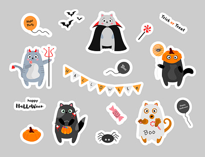 Halloween stickers art autumn cat character cute design flat design graphic design halloween illustration pumpkin set stickers