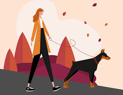 A girl on a walk art autumn cute doberman dog flat design girl ill illustration
