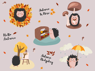 Autumn set with a cute little hedgehog. animal art autumn character cute design fall flat design hedgehog illustration leaves stickers wild wood