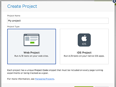 Optimizely's new create project dialog