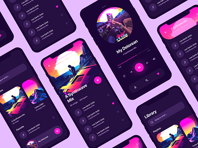 Music Player 80s aesthetic app application cyberpunk design interface minimal mobile music music app music player night pink play playlist retrowave synthwave ui ux