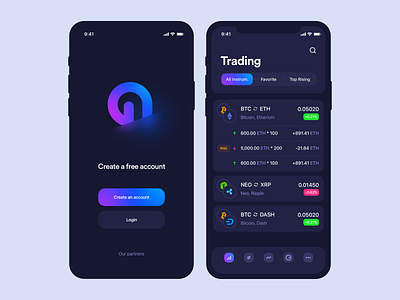 Cryptocurrency iOS app | Dark Version app application bitcoin blockchain crypto crypto wallet cryptocurrency dark deposit design ethereum interface list login screen mobile sign in sign up trading ui ux