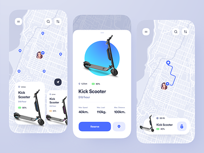 Kick Scooter Rent iOS Application app application bike clean design electric scooter gps interface ios kickscooter map mobile navigator rent route scooter service travel ui ux