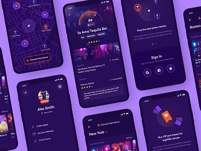 Nightlife venues searching app application bar clean design drinks interface ios map mobile nightclub nightlife onboarding places profile ui ux