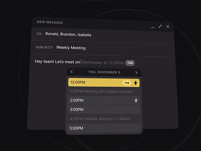 Auto-complete for the calendar animation app calendar cards design email extension interface meetings motion new mail new message scheduling ui ux web