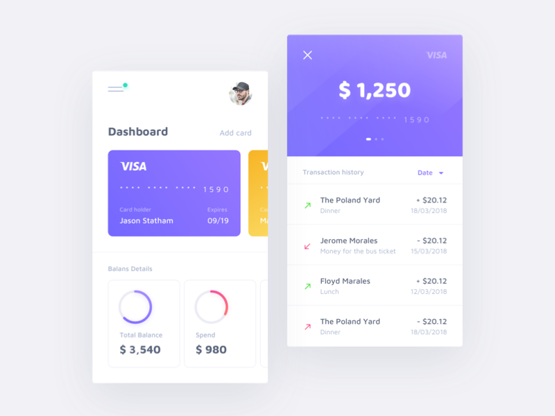 Cards Dashboard graph chart transaction visa money clean dashboard card app mobile ux ui