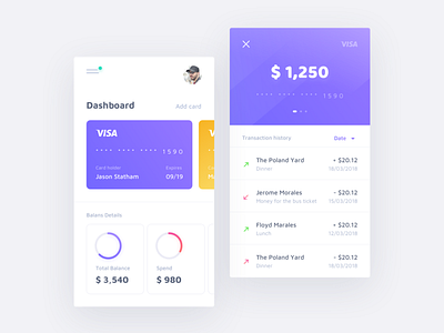 Cards Dashboard app card chart clean dashboard graph mobile money transaction ui ux visa