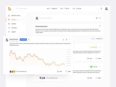 Dashboard alerts bitcoin clean crypto crypto currency dashboard design feed graph interface likes news orange post ui ux