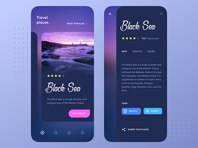 Travel places app app application blue card cards clean dark description design interface ios mobile navigation ocean ping rating sea swipe ui ux