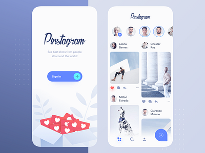 Pinstagram app blue clean comment feed instagram interface like minimal mobile photos pinterest profile sign in stories ui ux