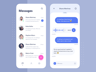 Messenger app application attachment blue clean contacts design floating button interface ios message messeger minimal mobile navigation ui user users ux voice