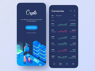 Crypto app app application blue clean crypto crypto wallet currency dark design feed graphic illustration interface ios mobile ui ux