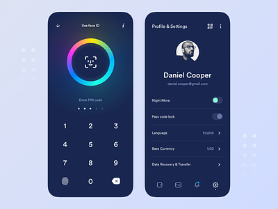 Crypto application app application code crypto cryptocurrency dark design face faceid interface mobile mobile ui password pin profile security touch id ui unlock ux