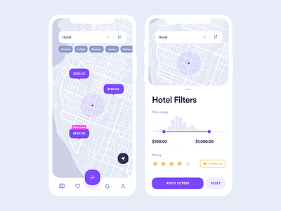 Digital map and guide of city app application clean design filter hotel interface location map mobile navigation price range purple rating search tags travel ui userinterface ux