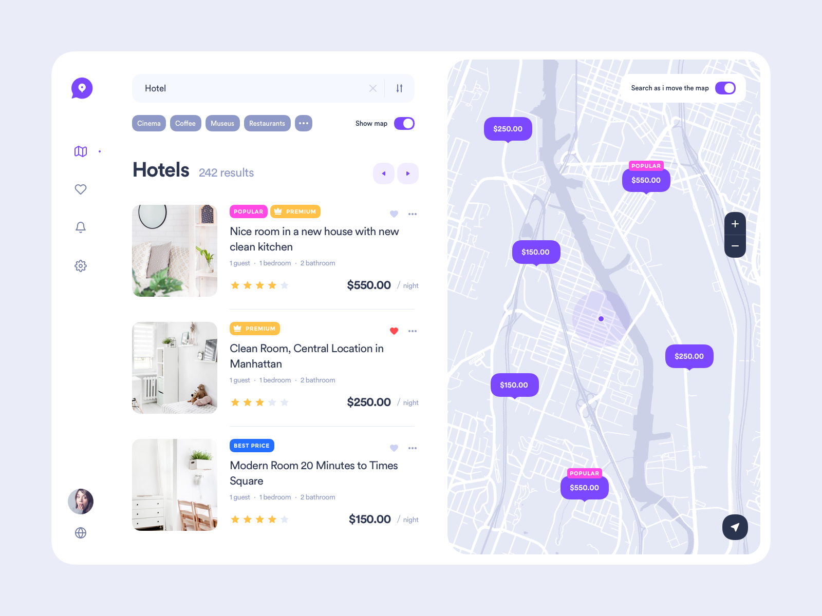 Web version of digital map tags search results places dashboard travel uiux search list hotel location map clean material web design product web interface design ux ui