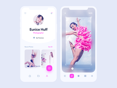 Photographer Profile app application clean crop design interface ios ios app minimal mobile photoedit photoeditor photoeffect photographer photos pink pinky profile ui ux