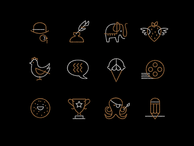 Project icons bagel elephant gold icons inkwell line monocle navigation octopus pencil trophy