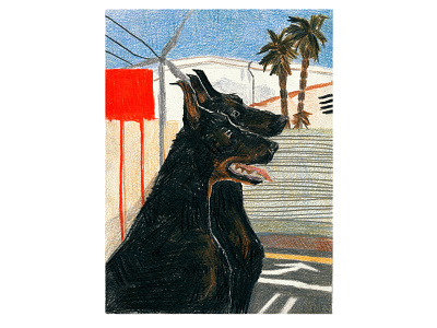 Dobermans somewhere in California california colors doberman dog illustration pencils red summer