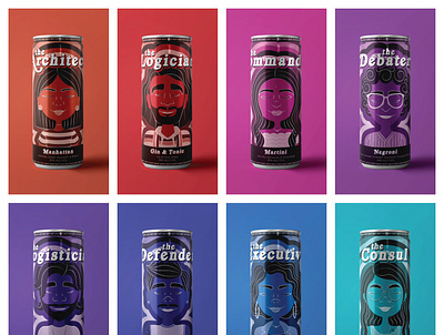 “Analyst” NT & “Sentinel” SJ Personality Cocktail Cans branding design illustration mockups package design packaging typography