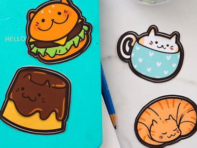 Kitty Cafe Stickers 2d bright burger coffee colorful cute flan illustration kawaii kitty meow stickerart