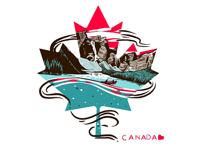 Oh Canada bc canada canadian canoe digital art illustration maple leaf mountains t shirt design west coast