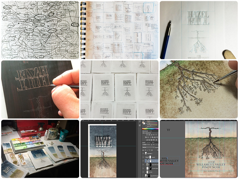 Hazel Hill Label Process process hand lettering etching watercolor photoshop indesign
