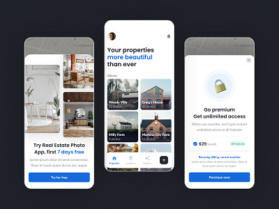 🏠 Real Estate App albums appartment branding design flat freemium gallery goods house mobile app payment photos property real estate typography ui ux