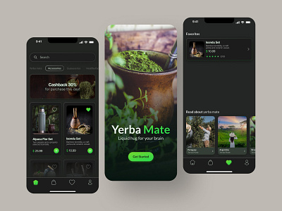 Yerba Mate Shopping : App UI app clean dark mode design gradient ios app minimal mobile mobile app mobile design mobile design app mobile ui shopping shopping app ui ux yerba mate app