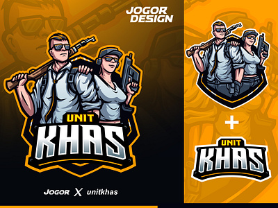 Unit khas esport logo character design esports logo gun human icon illustration jogor logo mascot pubg typogaphy vector war logo yellow