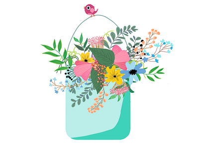 Flower pot illustration bird flower illustration minimal ui vector
