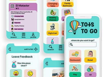 Tots To Go app branding bright color children design family filters kids poi point of interest product design rounded sketch ui ui design ux ux design uxui