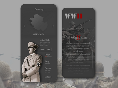WWII app design asymetric beautiful dark dark theme design germen hitler morden online online study ui uiux ux vector