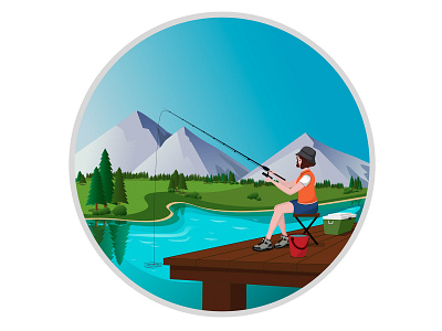 Fishing design fisher fishing girlspower illustration lake mountain vector