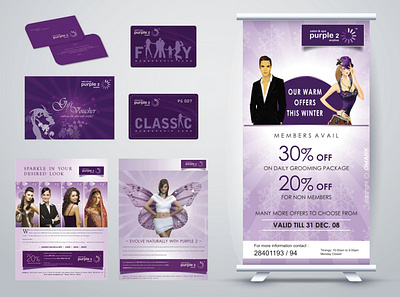 Purple 2 Salon & Spa - Brand Materials brand identity business card magazine ad marketing campaign membership card point of sale
