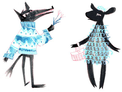 Wolf & Sheep animals gouache illustration