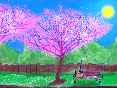 Guitar Under the Tree drawing illustration