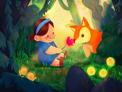 Magic forest animals book illustration children illustration digital illustration fox girl magic forest magic fox nature