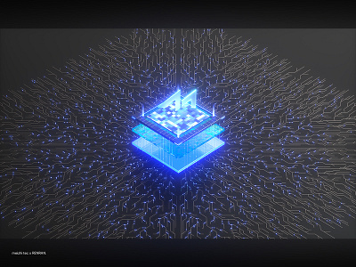 3D illustration for meizhi tec. 3d blue dark grow illustration lights lines modeling tech