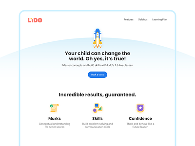 Lido Learning Website 2d buttons class components design education icons illustration landingpage learn learning product rocket school study ui ux vector webpage website