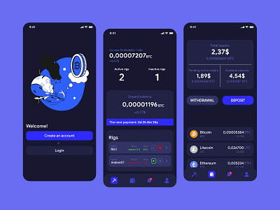 Cryptocurrency app | Dark version app bitcoin crypto crypto wallet cryptocurrency cryptocurrency app design design app ethereum illustration interface litecoin sign in sign up uidesign ux ui uxdesign uxui