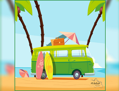 Retro Bus Summer 2d adobeillustator adobephotoshop colors design illustration palms retro retrobus retrostyle sea summer vector