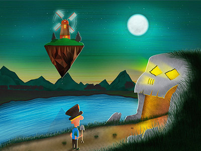 Uncertain Path boy cave green illustration moon mountains night sky windmill
