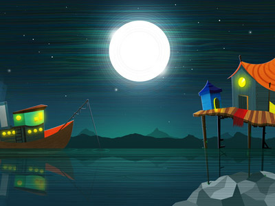 Tranquil boat door glow green hut lights moon mountains orange peaceful stars