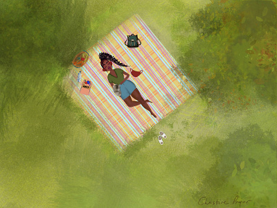 Picnic affinity designer black bunny calm character colorful flat illustration girl green illustration music nature outside picnic safe shadow sleeping social distancing sun trees