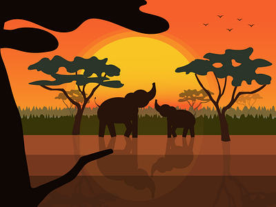 Family of elephants art design illustration landscape nature sunset vector