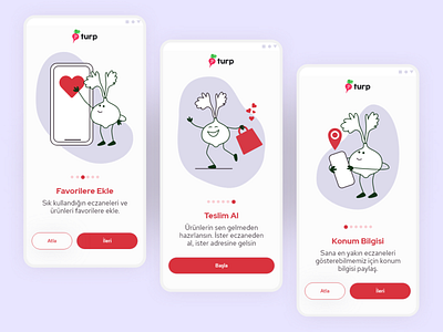 Turp Pharmacy App - Onboarding Screens character design illustration mobile app onboarding permissions pharmacy ui ux