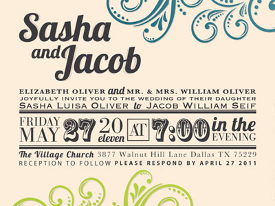 Sasha & Jacob Wedding Invitation cream dark grey lime green print teal wedding invite